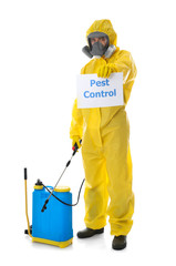 Man wearing protective suit with insecticide sprayer and sign PEST CONTROL on white background