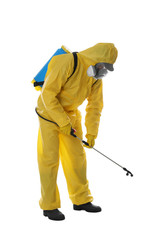 Man wearing protective suit with insecticide sprayer on white background. Pest control