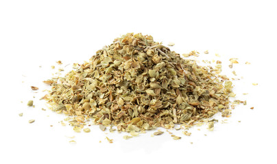 Pile of dried oregano leaves isolated on white background