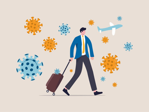 COVID-19 virus impact travel and tourist, novel coronavirus pandemic outbreak spread by traveller concept, businessman traveler with luggage walking in airport surround by COVID-19 virus pathogens.