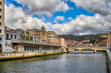 Naklejka premium Nervion River and La Concordia Railway Station, Bilbao, Biscay, Basque Country, Euskadi, Euskal Herria, Spain, Europe