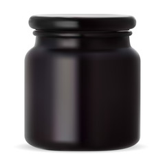 Black glass jar. Beauty cream packaging. Wax bottle. Face lotion container isolated on white background. Premium 3d bottle mockup with cover cap for branding and advertising. Body care gel