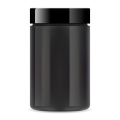 Black plastic jar. Protein supplement container mockup. Whey protein powder can for bodybuilding with glossy cap. Bcaa packaging for energy food or drink. Small tube for workout energy diet