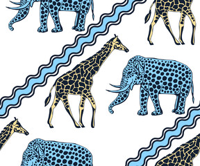 Vector background hand drawn exotic wild animals. Hand drawn ink illustration. Modern ornamental decorative background. Vector pattern. Print for textile, cloth, wallpaper, scrapbooking
