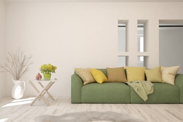 Modern living room in white color with sofa. Scandinavian interior design. 3D illustration