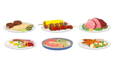Meat Dishes and Courses Served on Plates with Shashlik and Spaghetti with Sausages Vector Set