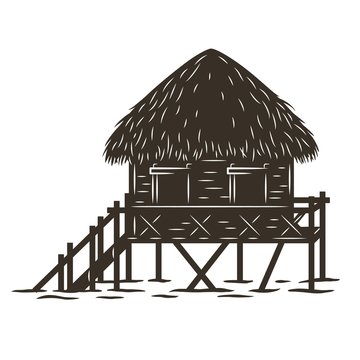 stilt house silhouette, thatched roof, monochrome clip art preview