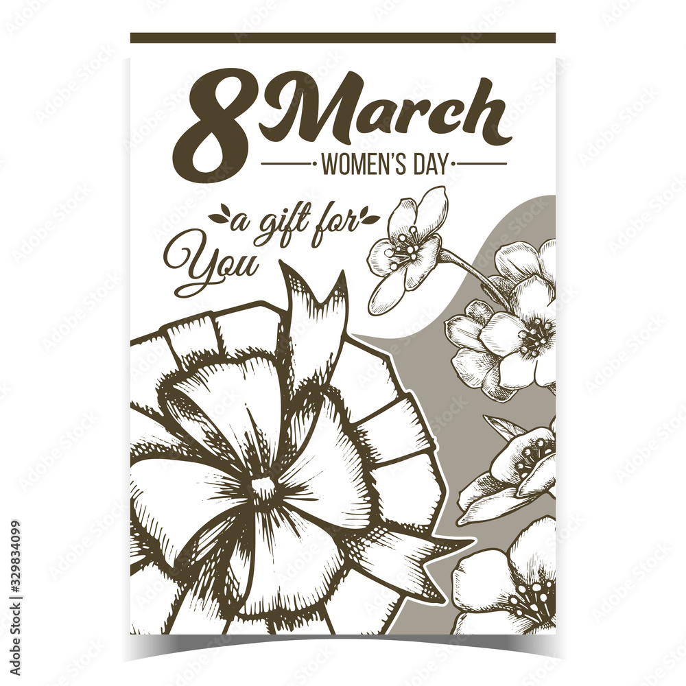 Sticker Woman Day 8 March Gift Box Advertise Banner Vector. Gift Box In Round Shape With Ribbon And Seasonal Flowers On Creative Poster. Stylish Container Template In Retro Style Monochrome Illustration