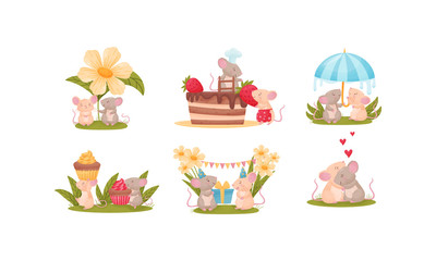 Cartoon Mice Characters Decorating Cake and Embracing Each Other Vector Set