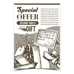 Special Offer Gift Box Advertise Poster Vector. Gift Box Opened With Confetti Decorated Ribbon Bow And Electronic Device Tablet. Fashion Container Template In Vintage Style Monochrome Illustration