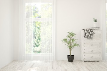 Stylish empty room in white color with summer landscape in window. Scandinavian interior design. 3D illustration