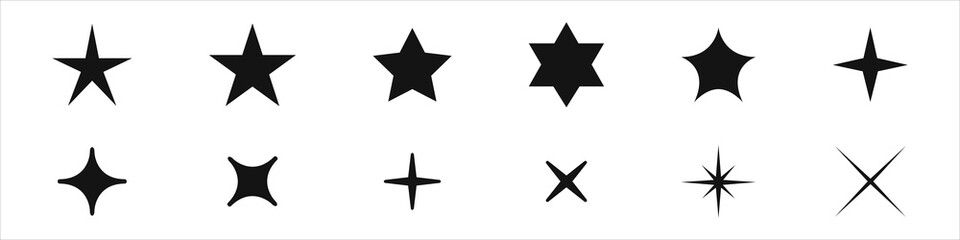 Star icons set. A collection of night luminaries. Logos of stars in different styles. Vector illustration - obrazy, fototapety, plakaty
