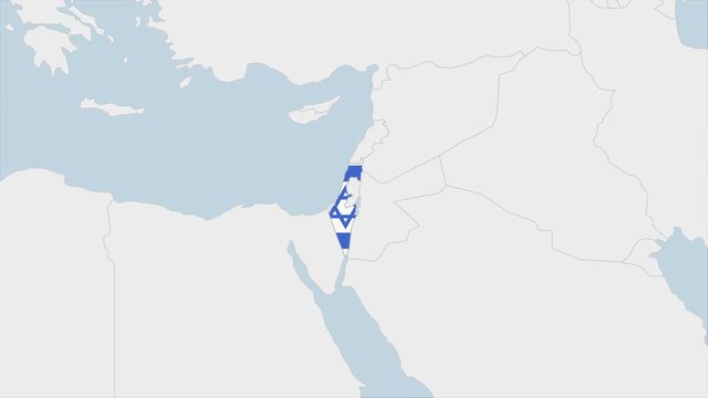 Israel map highlighted in Israel flag colors and pin of country capital Jerusalem.