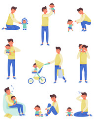 Fototapeta na wymiar Father Character Nursing and Playing with Baby Vector Illustrations Set. Enjoying Fatherhood Concept