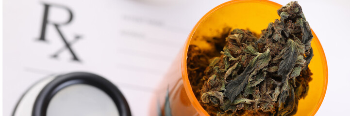 Close-up view of plastic orange transparent bottle filled with dry trimmed marijuana. Medical red stethoscope on recipe. Healthcare and folk medicine concept