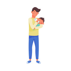 Father Character Nursing Baby Vector Illustration. Fatherhood Concept
