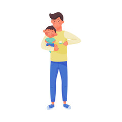 Young Dad Holding His Baby in Arms and Spoon-feeding Vector Illustration
