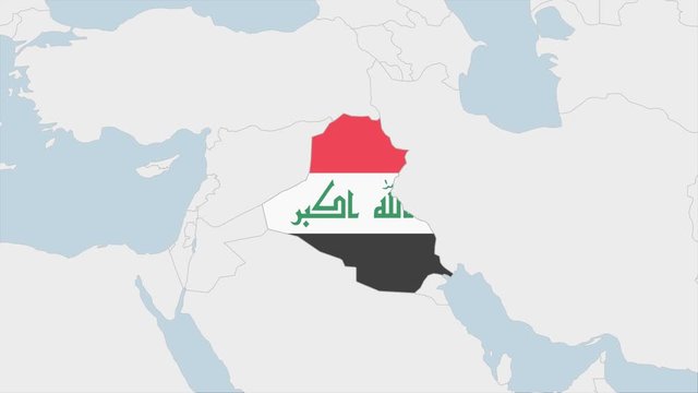 Iraq map highlighted in Iraq flag colors and pin of country capital Baghdad.