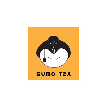 Abstract Logo Design Of Tea With Sumo Wrestler And Tea Cup Icon.