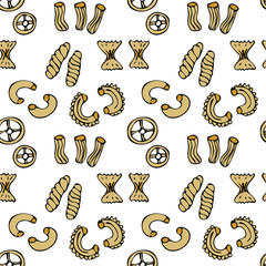 Hand drawn vector seamless pattern - Italian food. Different kinds of pasta. Design elements in sketch style. Perfect for leaflets, cards, posters, prints, menu, booklets