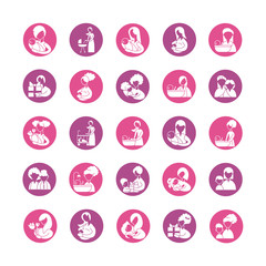 set of icons with mother and baby, silhouette style icon