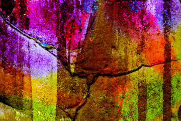 Surface texture with many intense colors on a cracked surface structure. For abstract backgrounds.