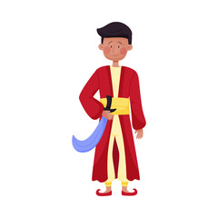 Young Smiling Dark-haired Man Character Wearing East Clothing Vector Illustration