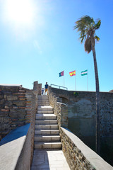 Malaga, Spain - March 4, 2020: Walkway with stairs in the Gibralfaro Castle.