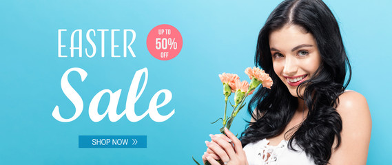 Easter sale message with young woman holding carnation flowers