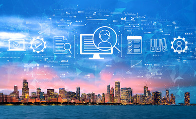 Document management system concept with downtown Chicago cityscape skyline with Lake Michigan
