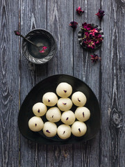 Sponge Rasgulla sweets, famous indian sweet food. Top view