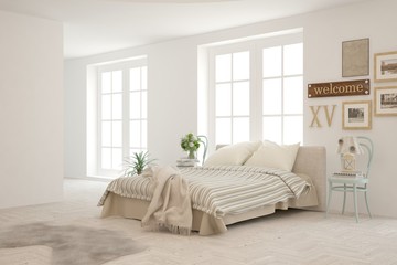 Stylish bedroom in white color. Scandinavian interior design. 3D illustration