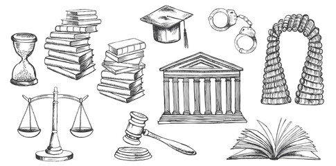 Law symbols set. Vector hand drawn illustration.	