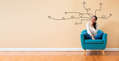 Idea arrows with woman in a thoughtful pose in a chair