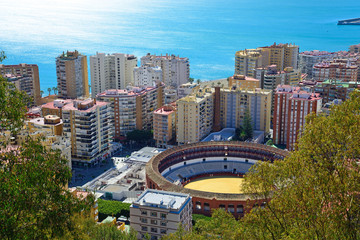 Malaga, Spain - March 4, 2020: View of the city of Malaga and the La Malagueta Bullring.