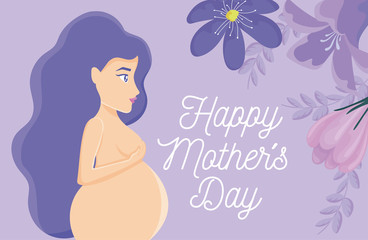 Happy mothers day design with naked pregnant woman and beautiful flowers