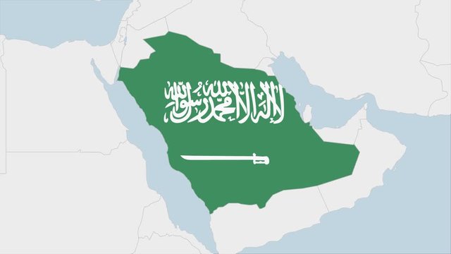 Saudi Arabia map highlighted in Saudi Arabia flag colors and pin of country capital Riyadh.