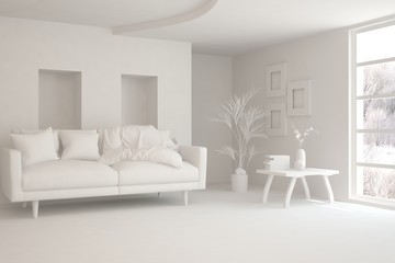 Mock up of minimalist living room in white color with sofa. Scandinavian interior design. 3D illustration