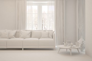 Mock up of minimalist living room in white color with sofa. Scandinavian interior design. 3D illustration