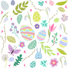  Multi-colored eggs, plants and butterflies on a white background. Easter objects.