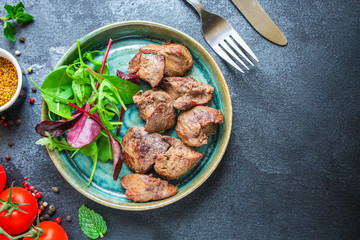 liver cream stew, creamy sauce (chicken liver, healthy diet eating) keto or paleo diet menu concept background. top view. copy space for text