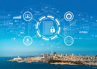 Data protection concept with aerial view of the bay in San Francisco