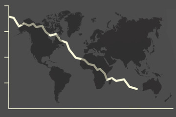 Composing mit fallendem Aktienkurs und einer Weltkarte als Symbol für rückläufige (Welt)Wirtschaft
