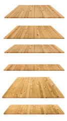 Mixed empty brown plank wooden board as display shelf or plate with clipping path on isolated white background. Beautiful texture and pattern of table’s panels build from reused woods pallet.