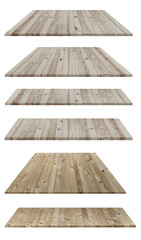 Mixed empty brown plank wooden board as display shelf or plate with clipping path on isolated white background. Beautiful texture and pattern of table’s panels build from reused woods pallet.
