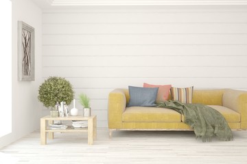 Modern living room in white color with sofa. Scandinavian interior design. 3D illustration