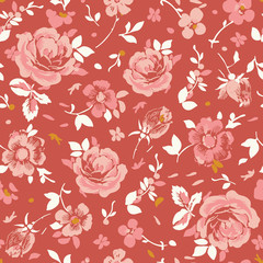 Seamless vector vintage rose pattern with gold, pink, and cream flowers with a rust background.