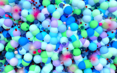 3d render of abstract 3d background with depth of field effect based on particles small balls in blue green violet purple and red color in glossy plastic material, cover for greeting kids card