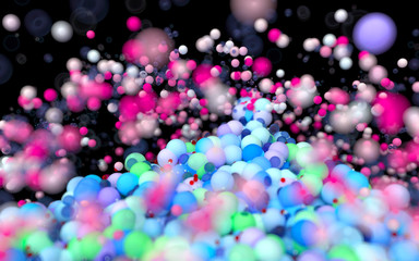 3d render of abstract 3d background with depth of field effect based on small balls particles in blue green purple and pink color on black looks like candy