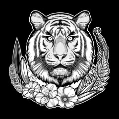 Tiger portrait in tropical flowers frame. Dreamy magic art. Night, nature, wicca symbol. Isolated vector illustration. Great outdoors, tattoo design.